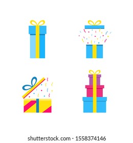 Set of gift boxes. Open gift boxes with confetti. Surprise in the box. Design template for a festive event. Vector illustration in a flat style.