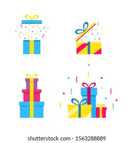 Set of gift boxes. Open gift boxes with confetti. Surprise in the box. Design template for a festive event. Vector illustration in a flat style.