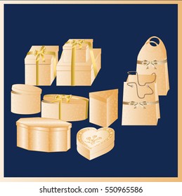 Set of gift boxes and packages gold color