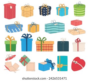 Set of gift boxes. Packaging for holidays and birthdays. Gifts for family and friends. Vector illustration