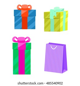 Set of gift boxes and paper gift bag vector. Boxes with ribbon bows.