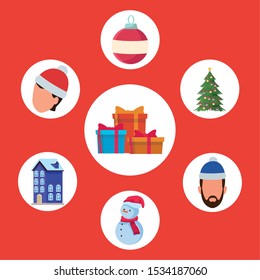 set of gift boxes, people with christmas hats and christmas related icons over white circles and red background. colorful design, vector illustration