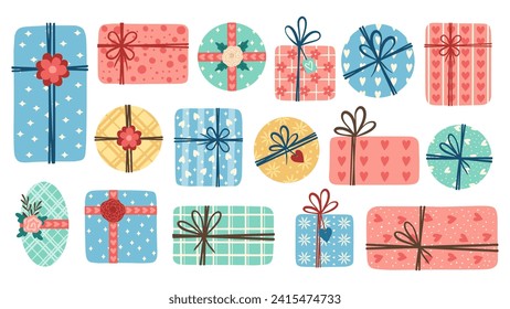 Set of gift boxes. Present package wrapped in festive paper wrapping with tied bow, ribbon, twine string. Christmas, Xmas, valentine's day, birthday and New Year present in wrapping paper.