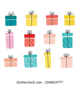 Set gift boxes, presents. Hand drawn vector illustration isolated on white.