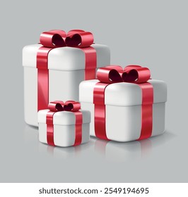 Set of gift boxes presents with wrapping paper and red ribbon bow for holiday, birthday celebration or special sales offer.