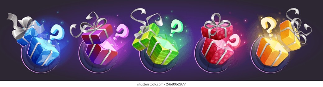 Set of gift boxes with question marks isolated on black background. Vector cartoon illustration of surprise present packages wrapped in color paper, decorated with ribbon bows, discount or sale icon