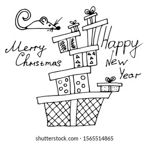 Set with gift boxes, rat and text. Cute composition for the celebration of Christmas and New Year. Isolated vector art on a white background.