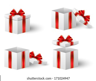 Set of gift boxes with red ribbon