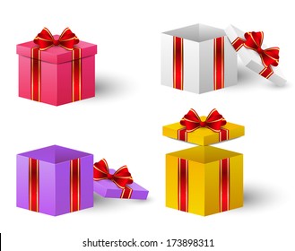 Set of gift boxes with red ribbon