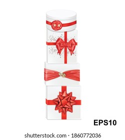 Conjunto de cajas de regalo con cintas rojas. Ilustración del vector