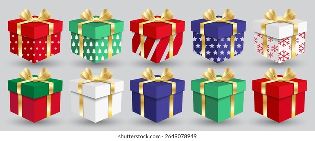 Set of gift boxes with red, white, purple, blue or green colours, ribbons bow. Present box isolated on white background. gift box 3d realistic vector icon illustration for mokeup or party decoration.