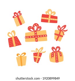 Set of gift boxes in red and yellow colors. Collection of clipart objects for birthday, holiday, Christmas, New Year cards, banners, sale concepts. Vector illustration.