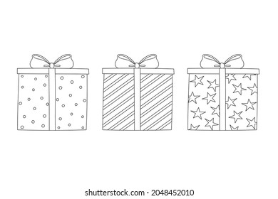 Set of gift boxes with ribbon and bow. Present boxes with stars, dots and strips. Line art. Doodle style. Clipart object for birthday, holiday, Christmas, New Year cards, banners, sale concepts.