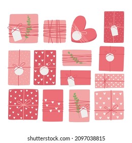 Set of gift boxes with ribbon and bow top view. Heart shape box. Happy Valentine's Day. I love you. Vector flat design.