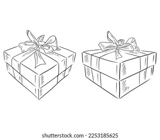 Set of gift boxes with ribbon and bow isolated on white background. Hand drawn vector sketch illustration in doodle simple vintage engraved style. HAppy birthday gift, Christmas present, holiday.