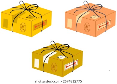 Set von Geschenkboxen mit Band und Schleife. Verschiedene Größen und Farben. Geschenkbox. Verpackung mit einem Band.