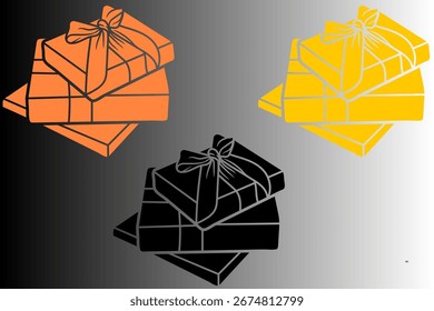 Set of gift boxes with ribbon and bow. Various sizes and colors. Gift box set. Packaging with a ribbon.