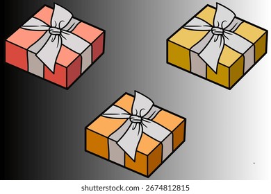Set of gift boxes with ribbon and bow. Various sizes and colors. Gift box set. Packaging with a ribbon.