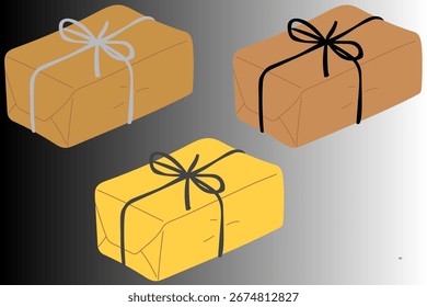 Set von Geschenkboxen mit Band und Schleife. Verschiedene Größen und Farben. Geschenkbox. Verpackung mit einem Band.