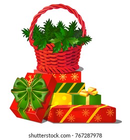 Set of gift boxes, ribbon bow, basket, colorful wrapped paper, isolated on white background. Sketch for greeting card, festive poster, party invitation. Attributes of Christmas and New year. Vector.