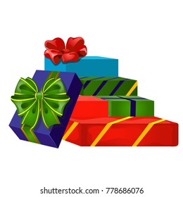 Set of gift boxes with ribbon bow, colorful wrapped paper, isolated on white background. Sketch for greeting card, festive poster, party invitation. Attributes of Christmas and New year. Vector.