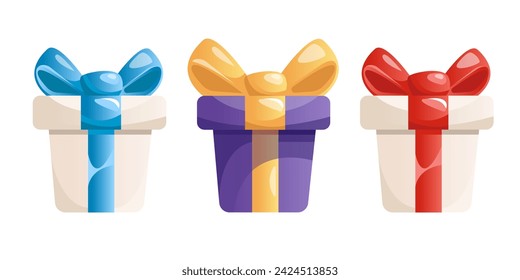 A set of gift boxes with ribbon bows. A collection of gifts for the holidays of Christmas, birthday, Valentine's Day. Vector illustration with cartoon style isolated on a white background