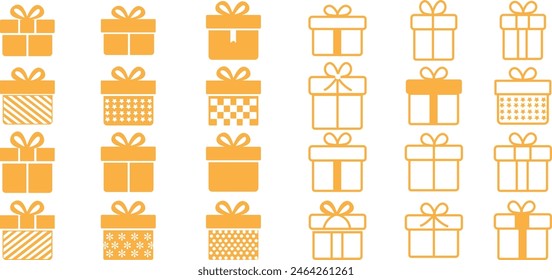 Set of Gift boxes with ribbon icons in yellow Flat styles. Gift wrapping, Surprising gift boxes simple trendy symbols signs editable stock for apps and websites isolated on transparent background.