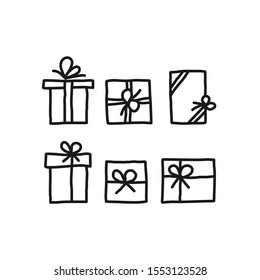 Set of Gift boxes with ribbon with the line icon. Hand drawn Vector linear style sign for design, graphics.
