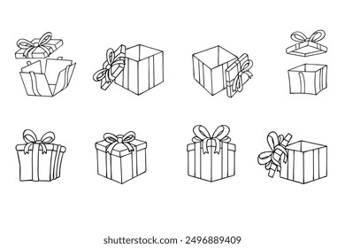 Set of Gift boxes with ribbon vector icon with outline style. Surprising gift boxes collection, Prize simple drawing black line art isolated on transparent background.