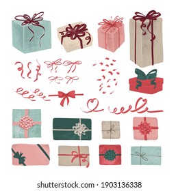 A set of gift boxes, ribbons, bows and tinsel. Hand-drawn isolated on white background