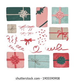 A set of gift boxes, ribbons, bows and tinsel. Hand-drawn isolated on white background