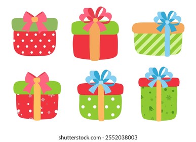 Set of gift boxes with ribbons and bows. Christmas colorful gift boxes illustration.