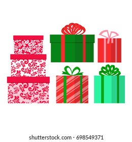 Set of gift boxes with ribbons and bows isolated on white background icons, vector illustration