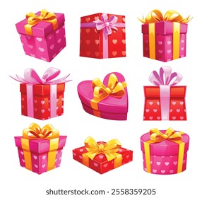 Set of gift boxes with ribbons, heart shape and patterns, perfect for Valentine's Day. Vector cartoon illustration