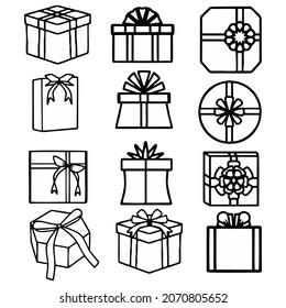 Set of gift boxes with ribbons icon. Vector illustration black line style