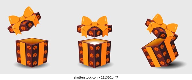 A set of gift boxes with a scary halloween-themed pumpkin. Halloween celebration creative concept design. Illustration for the holiday.