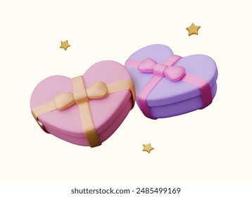 Set of gift boxes in shape of heart. Festive design with gold stars