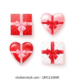 Set of gift boxes with silk bows in realistic style top view. Square and heart shape boxes. Vector