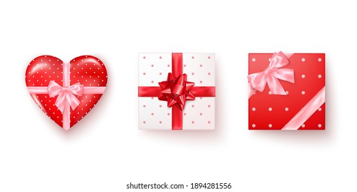 Set of gift boxes with silk bows top view. Square and heart shape boxes. Vector