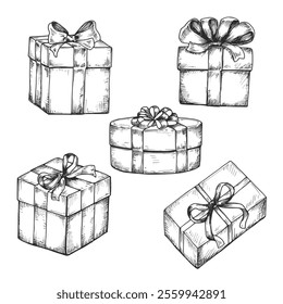 Set of gift boxes sketch ink graphic illustration, draft silhouette drawing, black on white line art. Vintage etching design.