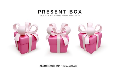 Set of gift boxes in soft pink colors. 3d render holiday closed surprise box with pink ribbon. present box. Vector illustration