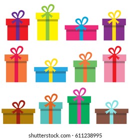 Set of gift boxes . Stack of presents in various bright, striped, spotted boxes tied colored ribbons. Beautifully wrapped surprise. Illustration for decoration, event management companies ad.