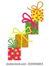 Set of gift boxes stacked vertically on top of each other in flat style, holiday packaging with patterns vector illustration for design