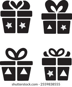 Set of gift boxes with star icons silhouette vector art illustration. Gift box with ribbon 