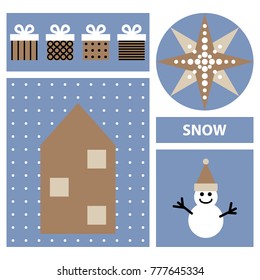 Set of gift boxes, star, small house and funny cute snowman. Symbols of Christmas, New Year and winter.