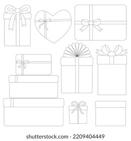 A set of gift boxes in the style of line art. Vector.