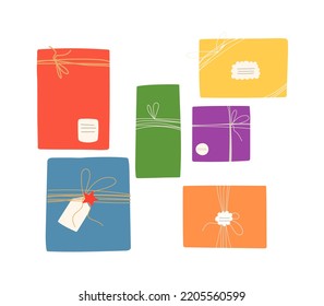 Conjunto de cajas de regalo. Elegantes regalos de Navidad. Ilustración para postales, web, vacaciones.