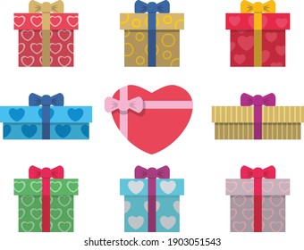 Un conjunto de cajas de regalo atadas con arcos. Regalo con corazones aislados de fondo blanco. Infografía plana. Ilustración del vector
