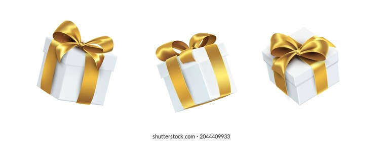 set of gift boxes tied with a gold ribbon in a bow. Vector isolated illustration for holiday card, 3d element, in realistic style. Object for decoration for the new year, christmas and other holidays
