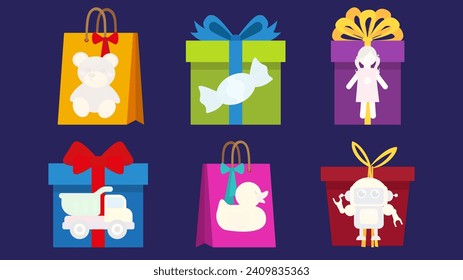 Set of gift boxes and toys in flat style. Vector illustration.